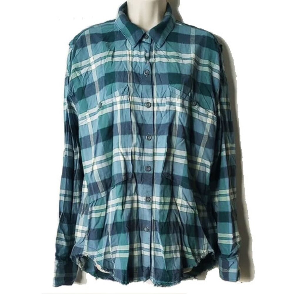 Free People Oversized Raw Hem Button Down Shirt S Blue Plaid - Picture 2 of 8